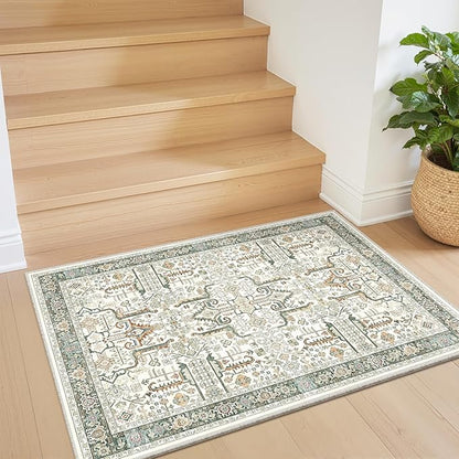 Washable 2x3 Entryway Area Rug - Small Non Slip Vintage Kitchen Runner Rugs Indoor Entrance Soft Neutral Stain Resistant Bathroom Mat Farmhouse Carpet for Bedroom Living Room Entry Laundry 2'x3' Green
