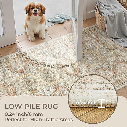 Washable Runner Rugs for Bedroom - 2x6 Runner Rug Non Slip, Ultra-Thin Entryway Runner, Soft Abstract Kitchen Runner for Hallway, Laundry, Bathroom, Indoor Door Mat(2'x6', Brown/Pink)