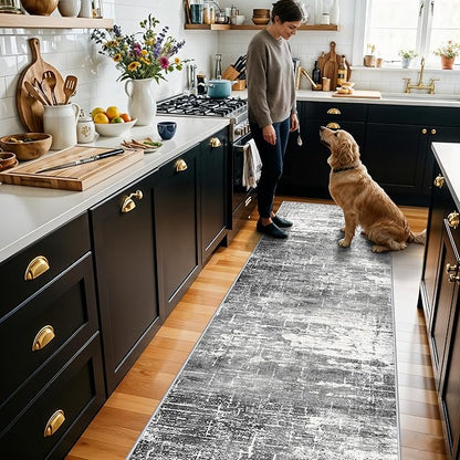 2x8 Washable Hallway Runner Rug: Abstract Stain Resistant Kitchen Rugs Farmhouse Ultra Soft Bathroom Bedroom Entryway Print Floor Mat Thin Non-Slip Indoor Carpet for Living Room Laudry(2x8,Black/Grey)