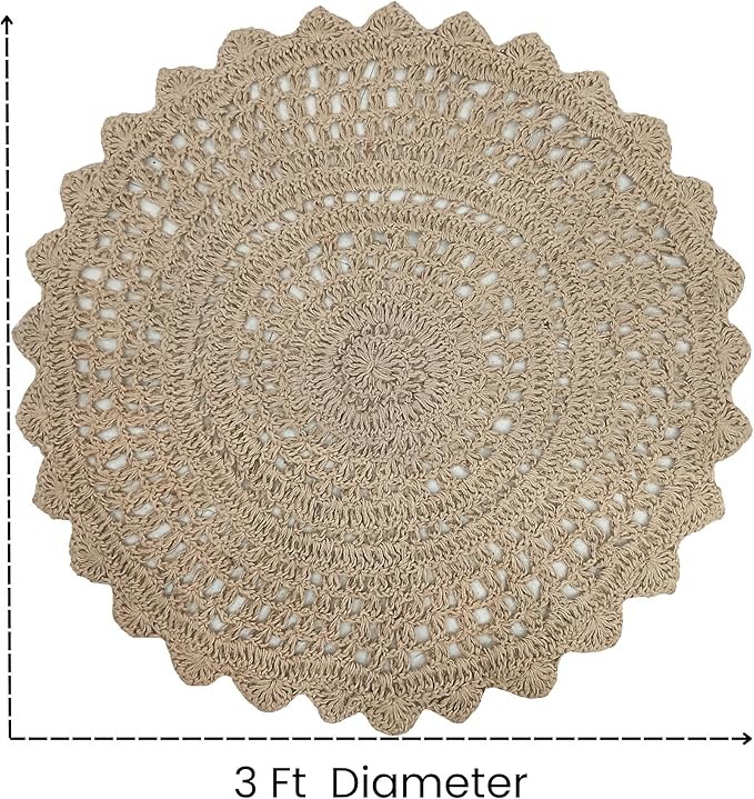 Hausattire Hand Woven Jute Crochet Rug, 3’ Round – Natural, Anti-Slip Accent Boho Entry Area Rugs for Kitchen, Living Room I Farmhouse Decorative Floor Rug, 3 Feet Round