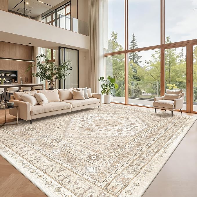 zesthome 10x14 Area Rugs,Stain Resistant Washable Rug,Ultra-Thin Rugs for Living Room,Bedroom,Non-Slip Backing Home Decor Large Area Rug (Cream/Beige,10'x14')