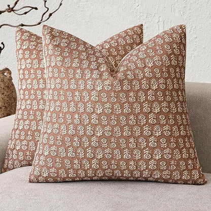 Foindtower Set of 2 Decorative Vintage Floral Print Throw Pillow Covers Neutral Farmhouse Cushion Covers Boho Home Decor for Sofa Couch Chair Bedroom Living Room,24×24 Inch,Light Orange Brown