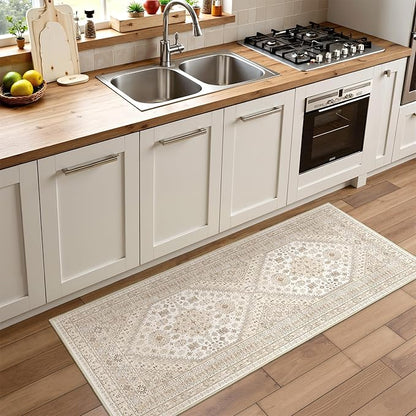 2x5 Rug Runner Washable for Entryway, Soft Bathroom Rugs with Non-Slip Backing,Vintage Low Pile Stair Runner, Small Kitchen Carpet for Hallways, Laundry Room(Cream/Beige,2'x5')
