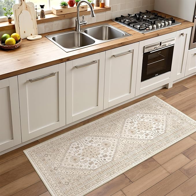 Runner Rug 2x6, Ultra-Thin Entryway Rug Non Slip Washable Rugs for Laundry Room, Runners for Hallways, Vintage Soft Rugs for Living Room, Kitchen, Bedroom(Cream/Beige,2'x6')