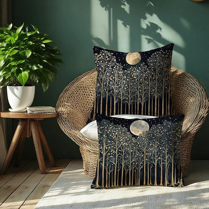 Rustic William Morris Night Moon Forest Green Decor Pillow Covers 18x18 Set of 2,Vintage Botanical Nature Landscape Decorative Throw Pillow Covers for Home Bedroom Living Room