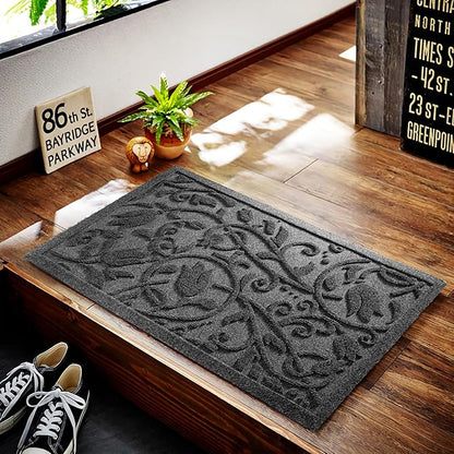 Boho Grey Floral Leaves Outdoor Indoor Entrance Doormats, Absorbent Durable Heavy Duty Welcome Front Door Mat,Thick Natural Rubber Back,Easy Clean Entryway Mat 17x30 Inch, Low Profile