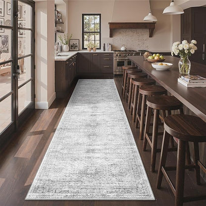 3x12 Runner Rug for Hallway, Non-Slip Long Bathroom Rugs Runner for Kitchen, Bedroom, Soft Vintage Abstract Washable Rug for Entryway, Thin Floor Mat for Dining Room(3'x12', Grey/Ivory)