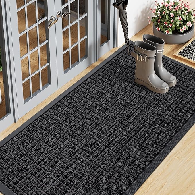 Smiry Front Door Mat Outside Entrance, Heavy Duty Natural Rubber Doormat, Non Slip, Trap Dirt and Moisture, Easy Clean, Low Profile Welcome Floor Mats for Indoor Outdoor Entry, 47x23 Inch, Black