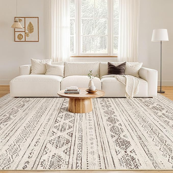 Nakagishi 6x9 Area Rugs Living Room: Washable Boho Large Neutral Soft Farmhouse Rug Stain Resistant Modern Indoor Floor Non-Slip Carpet for Bedroom Nursery Kids Office Dining Room Dorm- Dark Brown