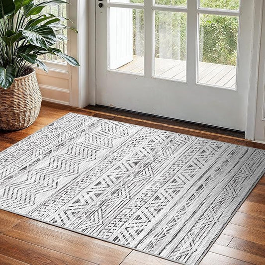 2x3 Washable Entryway Area Rug: Moroccan Small Runner Rug for Hallway Soft Modern Non Slip Door Mat with Rubber Backing Low Pile Thin Floor Carpet for Kitchen Bathroom Bedroom Indoor(Grey,2x3)