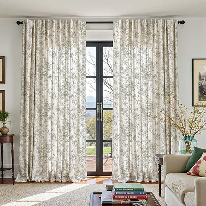 jinchan Linen Floral Curtains 100 Inch Extra Wide for Patio Sliding Glass Door Room Divider Curtain for Living Room 108 Inch Length Farmhouse Peony Green Printed Curtain Set 1 Panel