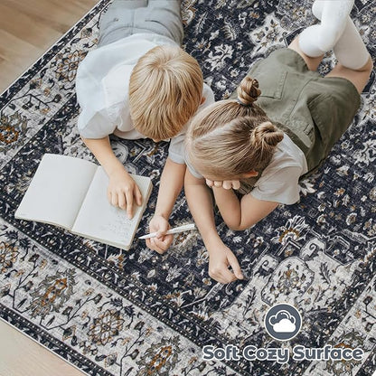 Area Rug 5x7 Washable Rug, Vintage Boho Medallion Rugs Non-Slip Soft Low Pile Large Distressed Rug Indoor Retro Carpet for Living Room Bedroom Dining Room Home Office (Vintage Black, 5'x7')