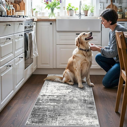 Abstract 2x4 Entryway Area Rugs: Washable Water Resistant Kitchen Rug Non-Slip Durable Doormat Ultra Soft Bedroom Beside Carpet Indoor Low Pile Floor Mat for Bathroom Stove Sink Area(2x4,Black/Grey)