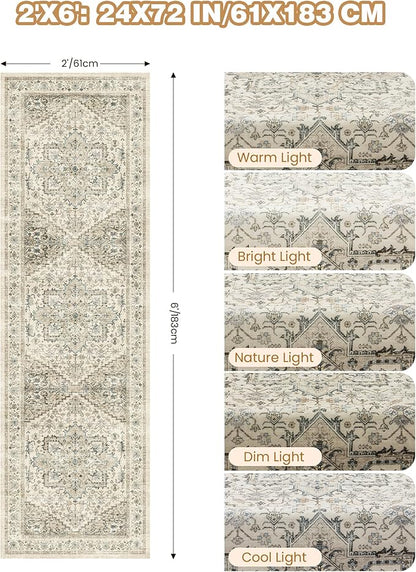 Runner Rug 2x6, Non Slip Washable Rugs for Laundry Room, Runners for Hallways, Low Pile Vintage Soft Rugs for Living Room, Kitchen Bathroom,Bedroom Rug(Brown/Beige,2'x6')