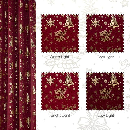 NICETOWN 2 Panels Christmas Red Curtains 52 x 84 Inch, Gold Foil Printed Rod Pocket Drapes, Xmas Theme Window Treatment for Holiday Home Decor, Set of 2 Christmas Style Curtain Panels