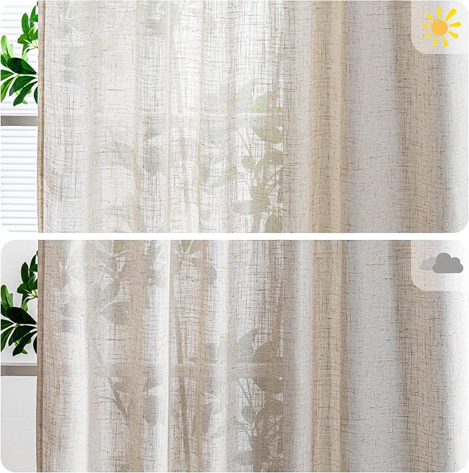 MYSKY HOME Linen Sliding Glass Door Curtains for Living Room 84 Inches Long, Natural Light Filtering Semi Sheer Curtains & Drapes 1 Panel Farmhouse Country Boho Style Back Tab Draperies, 100" Wide