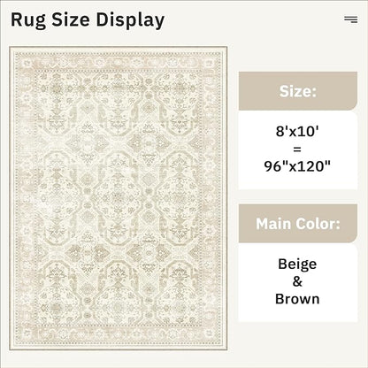 Soalmost 8x10 Area Rugs, Washable Rugs, Large Stain Resistant Beige Area Rug for Living Room Bedroom Dining Room, Vintage Farmhouse Rug