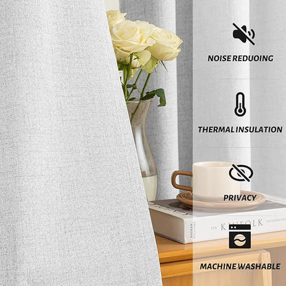 Yakamok White Linen Curtains 100% Blackout 90 Inches Long,Room Darkening Textured Curtains for Living Room Thermal Grommet Bedroom Curtain 2 Panels with Greyish White Liner