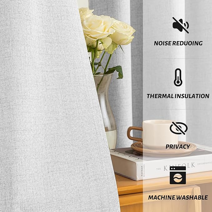 Yakamok White Linen Curtains 100% Blackout 96 Inches Long,Room Darkening Textured Curtains for Living Room Thermal Grommet Bedroom Curtain 2 Panels with Greyish White Liner
