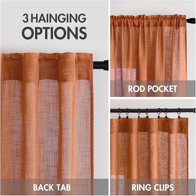 MIULEE Orange Curtains 90 Inch Length 2 Panels for Bedroom Living Room, Soft Thick Linen Textured Window Drapes Semi Sheer Light Filtering Back Tab Rod Pocket Burlap Look Fall Boho Decor