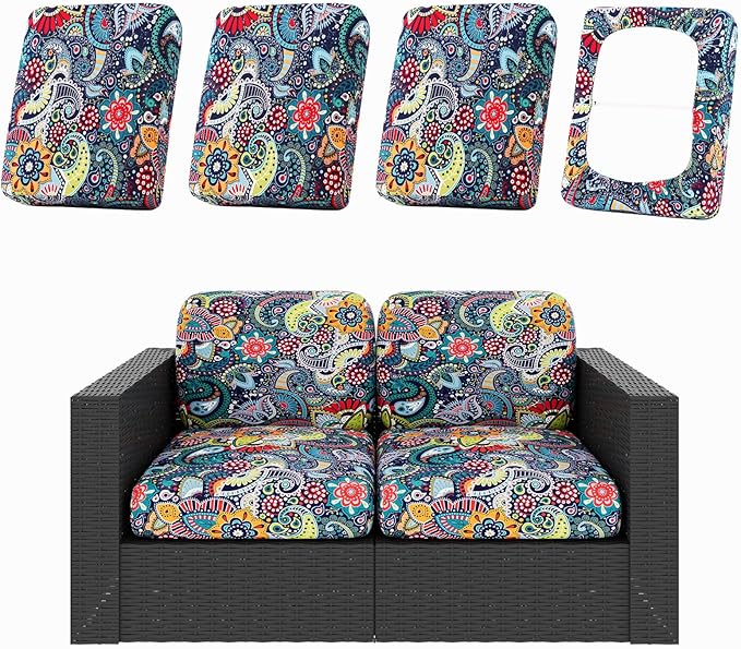 hyha 4Pcs Patio Cushion Covers, Stretch Outdoor Couch Cushion Covers Replacement, Washable Outdoor Chair/Sofa Slipcovers for Patio Furniture Cushions Protector with Elastic Bottom(Paisley,Cover Only)