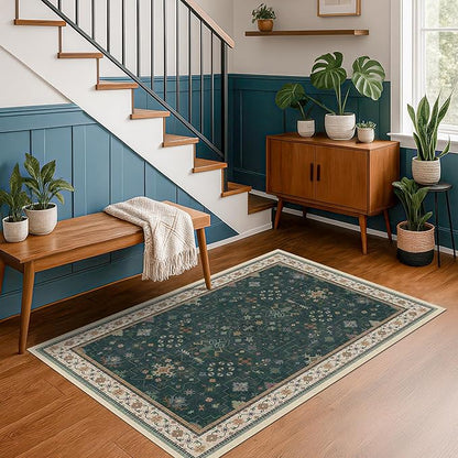 Hazo Haus Dark Green 4x6 Living Room Rug - Modern Vintage Boho Floral Forest, Washable Low Pile Non-Slip Area Rugs for Door Mat Entrance, Mudroom, Kitchen, Bedroom Beside Bed, Office