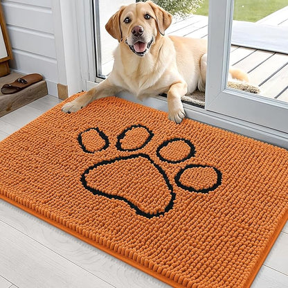 OLANLY Dog Door Mat for Muddy Paws 36x24, Paw Print Design, Absorbs Moisture and Dirt, Absorbent Non-Slip Washable Doormat, Quick Dry Chenille Mud Mat for Dogs, Entry Indoor Entryway Carpet, Clay