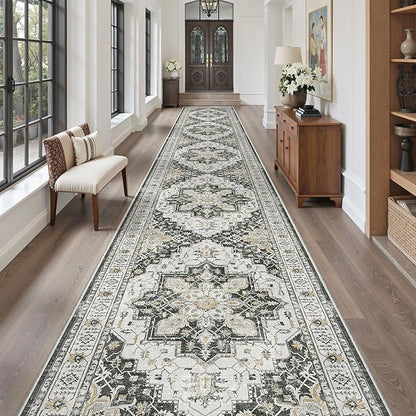 Madane 3x20 Hallway Runner Rug - Extra Long Carpet Runners for Hallways 20ft Non Slip Stain Resistant Rugs Runner for Living Room Bedroom 20 Feet Distressed Floor Carpet for Kitchen, Black