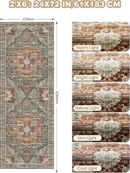 Runner Rug 2x6, Non Slip Washable Rugs for Laundry Room, Runners for Hallways, Low Pile Vintage Soft Rugs for Living Room, Kitchen Bathroom,Bedroom Rug(Grey/Brown/Tan,2'x6')