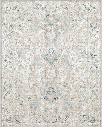 8x10 Area Rugs for Living Room, Machine Washable Non Slip Vintage Retro Rugs, Low Pile Lightweight Chenille Print Indoor Rug for Bedroom, Dining Room, Home Office(Grey/Blue/TAN/Teal/Green)