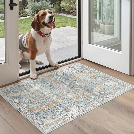 Madane Washable Area Rug 2x3, Small Entryway Rug Non-Slip Vintage Door Mat Indoor Entrance, Low Pile Floor Carpet for Inside Front Door Bedroom Kitchen Entry Laundry (2'x3', Blue/Gold)