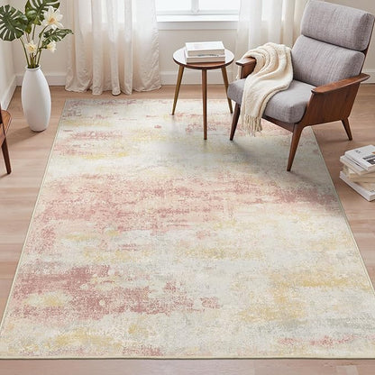 Area Rugs 8x10 for Living Room Bedroom, Modern Abstract Machine Washable Rug, Large Soft Low Pile Floor Carpet with Non Slip Backing for Dining Room, Pink/Cream