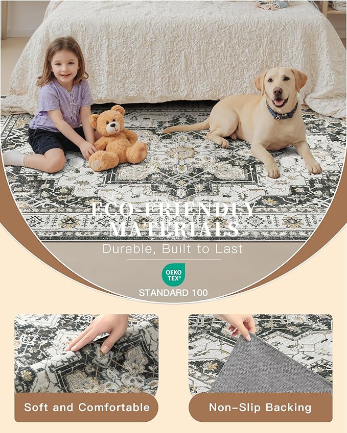 Madane Washable Rug 8x10 Area Rugs for Living Room, Ultra-Thin Non-Slip Backing Rug, Stain Resistant Vintage Large Area Rug for Bedroom (Black, 8'x10')