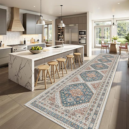 Hallway Runner Rug 2x12, Extra Long Washable Runner Rugs with Rubber Backing, Non Slip Runner, Vintage Rug Runners for Kitchen Laundry Room Entryway (Blue/Red,2'x12')