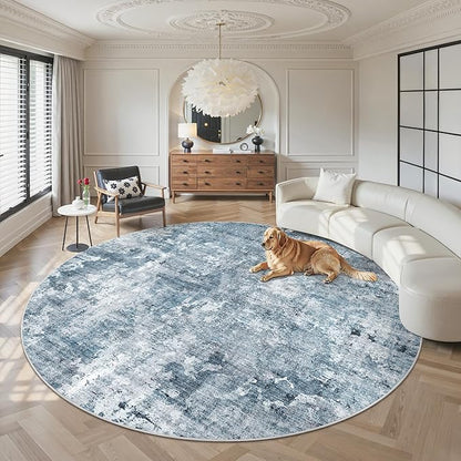 9x9 Blue/Grey Round Rug 9ft Living Room Circle Rug Vintage Round Area Rug Non Slip Indoor Carpet for Apartment
