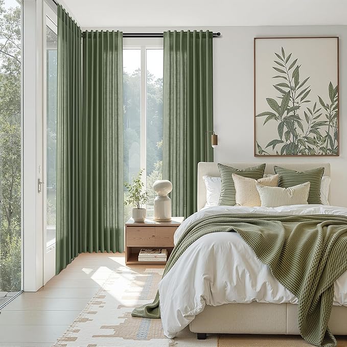 Nanspring Forest Green Linen Curtains 63 Inch Length for Living Room Light Filtering Semi Sheer Curtain Back Tab and Rod Pocket Wabi Sabi Boho Decor Luxury Drapes for Bedroom Office 52x63, 2 Panels