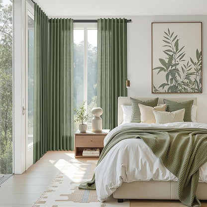 Nanspring Forest Green Linen Curtains 96 Inches Long for Living Room Light Filtering Semi Sheer Curtain Back Tab and Rod Pocket Wabi Sabi Boho Decor Drapes for Bedroom Office 52x96, 2 Panels