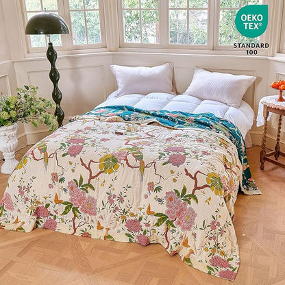 MSGKV The Boho Layer: 60"x80" Cotton Throw Blanket – Full Size for Couch Snuggles, Twin Bed Topper | Lightweight & Breathable Reversible Chinoiserie Floral & Bird Pattern, Decorative Accent