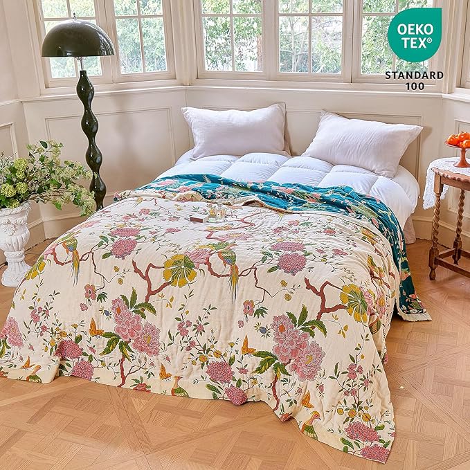 MSGKV The Boho Layer: 50"x60" Cotton Throw Blanket – Lightweight & Reversible Chinoiserie Floral & Bird Pattern, Spring Decorative Accent for Couch Snuggles, Bed Layers & Road Trips