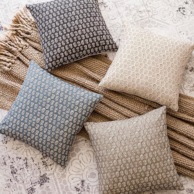 Foindtower Set of 2 Decorative Neutral Floral Print Throw Pillow Covers Vintage Accent Farmhouse Cushion Covers Boho Home Decor for Sofa Couch Chair Bedroom Living Room,24×24 Inch,Dusty Blue