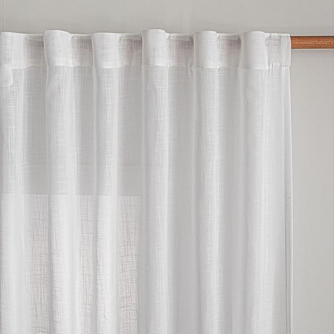 MYSKY HOME White Linen Curtains 96 Inches Long for Sliding Glass Door Semi Sheer Curtains Light Filtering Drapes Living Room Window Treatment Soft Boho Farmhouse Style, Pure White, 50" x 96", 2 Panels