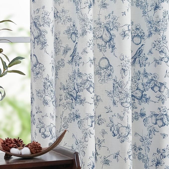 jinchan Linen Floral Curtains for Living Room 96 Inch Length Blue Printed Flower French Country Curtain Farmhouse Cottage Core Toile Curtains Back Tab Light Filtering Window Drapes Set 2 Panels