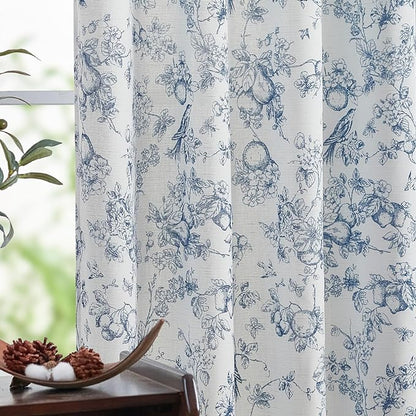 jinchan Linen Floral Curtains for Living Room 96 Inch Length Blue Printed Flower French Country Curtain Farmhouse Cottage Core Toile Curtains Back Tab Light Filtering Window Drapes Set 2 Panels
