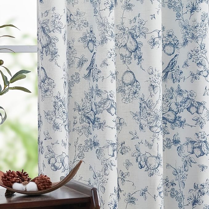 jinchan Linen Floral Curtains for Living Room 63 Inch Length Blue Printed Flower French Country Curtain Farmhouse Cottage Core Toile Curtains Back Tab Light Filtering Window Drapes Set 2 Panels