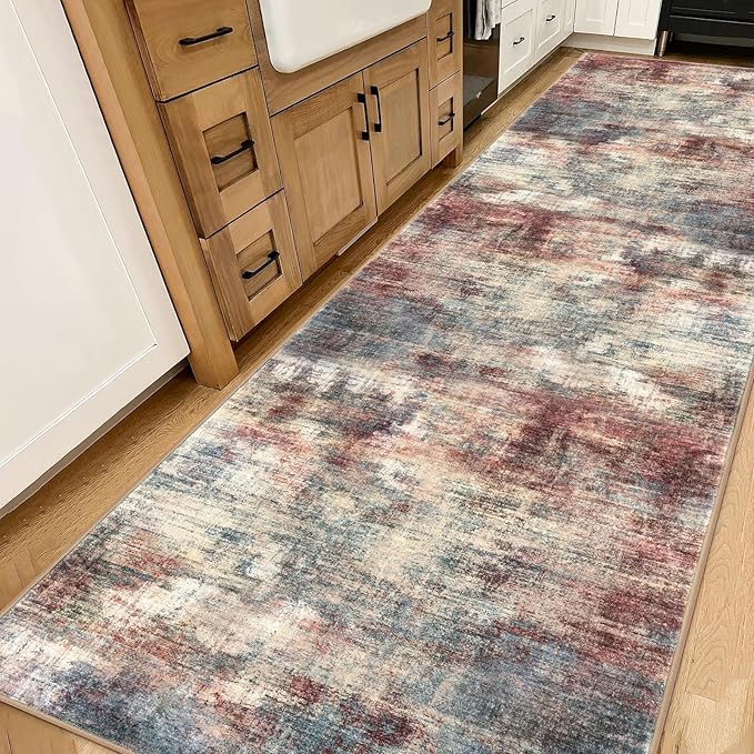 IOHOUZE Abstract Runner Rug 3x14 Ft Washable Runners for Hallways, Non Slip Kitchen Runner Printed Faux Wool Entryway Runner Indoor, Modern Abstract Floor Carpet for Hall Stair, Red/Multi
