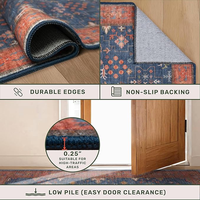 Boho Navy Blue 10x12 Area Rug for Living Room, Extra Large Dining Room Rugs for Under Table, Soft Low Pile Carpet for Bedroom - Vintage Floral Rug, Non-Slip, Lightweight & Stain Resistance