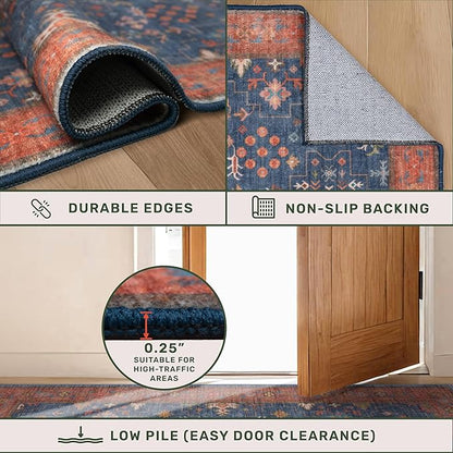 Boho Navy Blue 10x12 Area Rug for Living Room, Extra Large Dining Room Rugs for Under Table, Soft Low Pile Carpet for Bedroom - Vintage Floral Rug, Non-Slip, Lightweight & Stain Resistance
