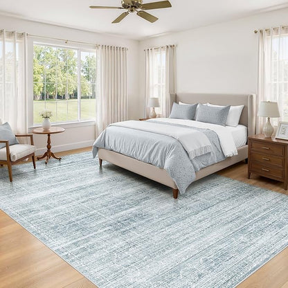 8x10 Area Rugs Living Room: Washable Large Neutral Soft Rug Farmhouse Stain Resistant Indoor Non-Slip Floor Carpet for Bedroom Nursery Kids Playroom Office Dining Room Dorm- Blue