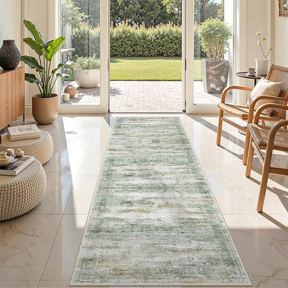 Rug Runners for Hallways Non Slip - 2x8 Runner Rug for Bedroom, Washable Runner with Rubber Backing, Soft Low-Pile Carpet for Kitchen, Laundry, Bathroom (2'x8', Green/Yellow/Ivory)