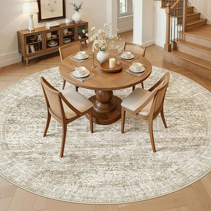 8x8 Brown Round Rug 8ft Living Room Circle Rug Vintage Round Area Rug Non Slip Indoor Carpet for Apartment